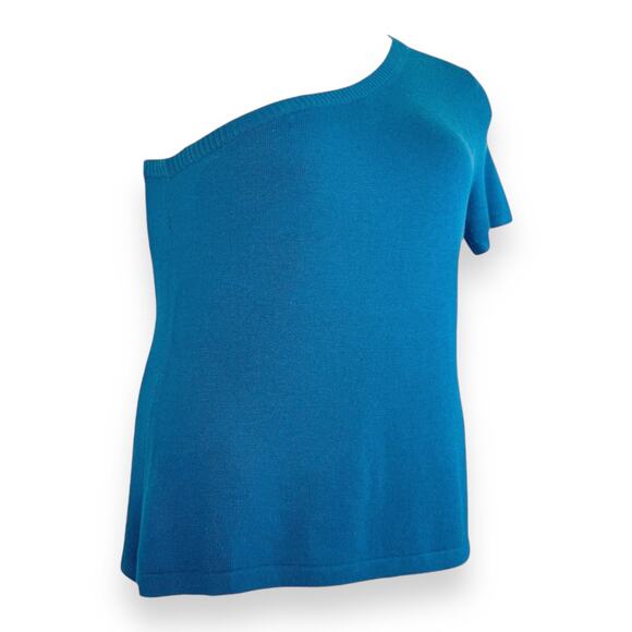 Asymmetric One Shoulder Sweater L Silk Cashmere Blend Blue Short Sleeve Y2k VTG - Picture 3 of 11